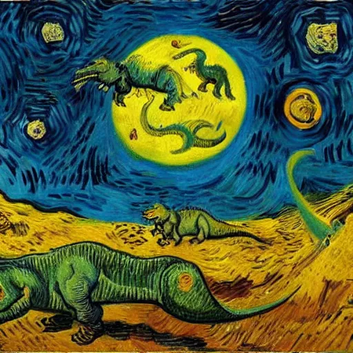 Image similar to painting of the extinction of the dinosaurs with asteroid and fire, in the style of vincent van gogh