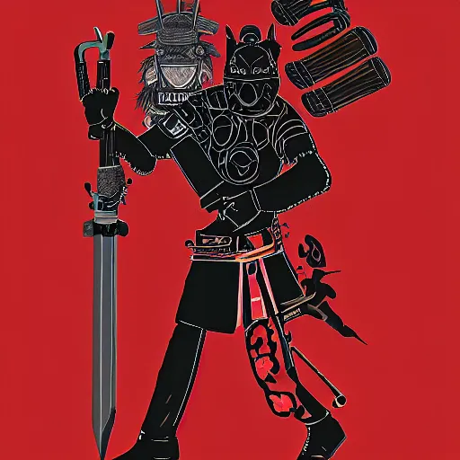 Image similar to An illustration of a mechanical punk motorcyclist carrying a samurai sword next to a black wolf on a red background, by matt griffin