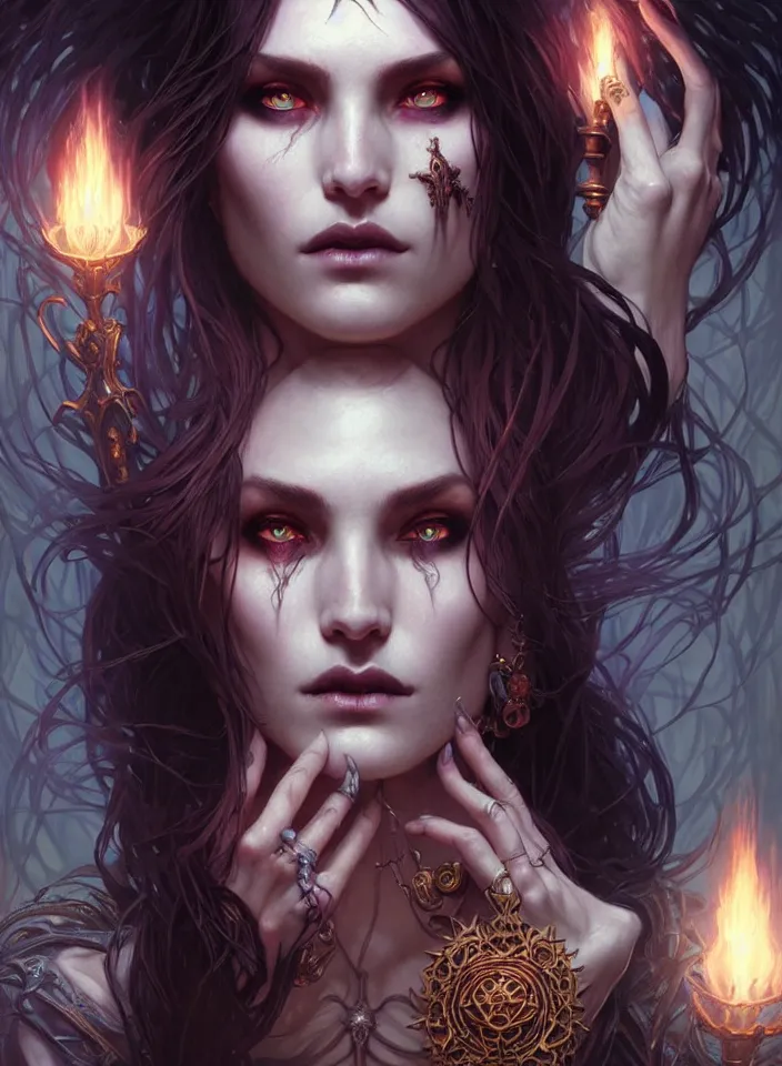 Image similar to Necromancer Sorceress face close-up in center, fantasy magic, undercut hairstyle, dark light night, intricate, elegant, sharp focus, illustration, highly detailed, digital painting, concept art, matte, art by WLOP and Artgerm and Greg Rutkowski and Alphonse Mucha, masterpiece