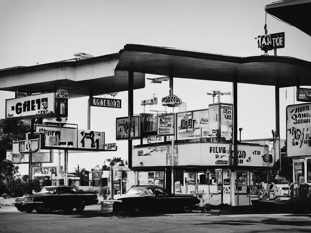 Prompt: “A black and white 28mm photo of a vintage gas station in Los Angeles by estevan oriol”