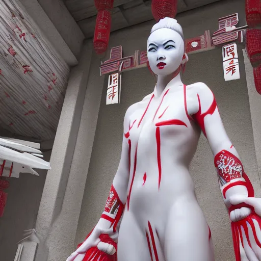 Image similar to albino Asian miko in a shintoist temple, full body, unreal engine octane, red and white, gliter, depth of field, 8k, hyper detailed, trending on artstation