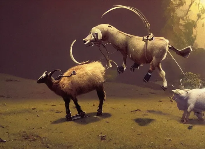 Prompt: a goat on roller blades, art by frank frazetta and beeple, 4 k, ultra realistic, highly detailed, epic lighting