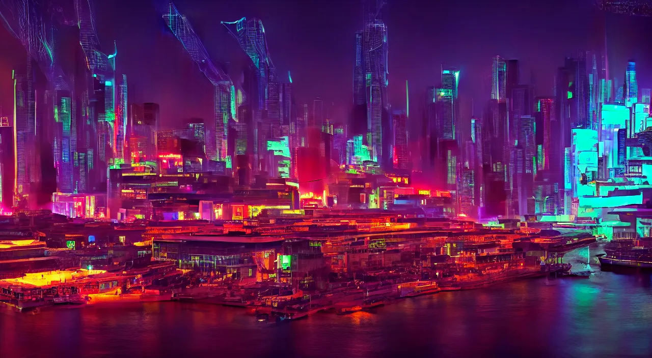 Image similar to Cyberpunk Shipping Port, futuristic Phnom-Penh Cambodia, neon lighting