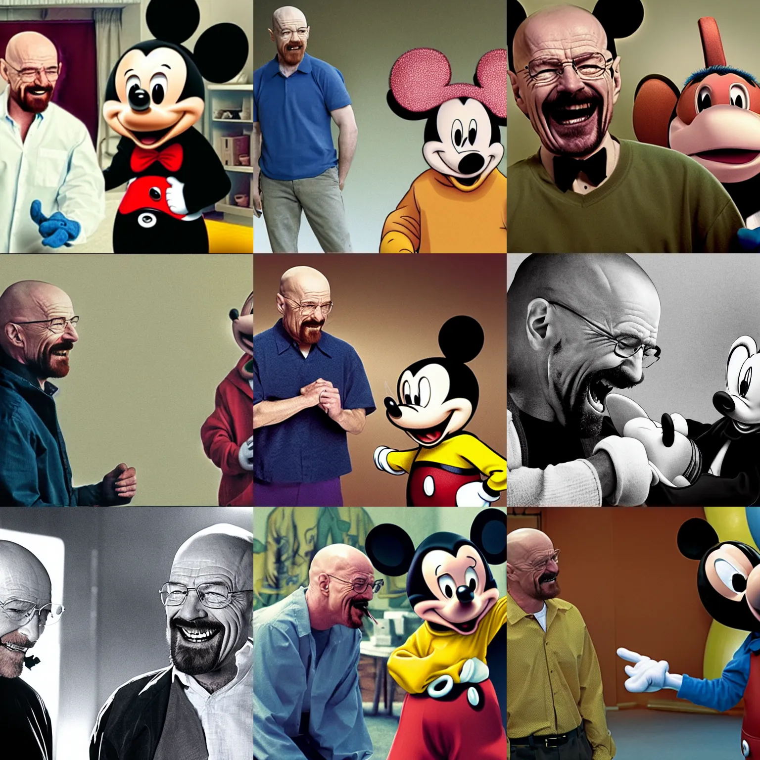 Prompt: walter white and mickey mouse laughing