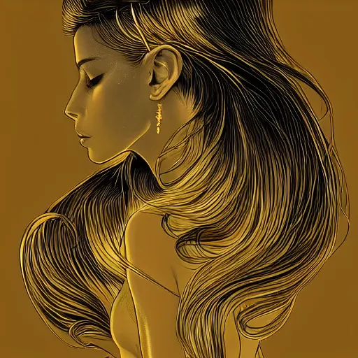 Image similar to gold tones, princess of light, style of moebius, james jean, mcbess, long glowing ethereal hair, cinematic, highly detailed, award winning