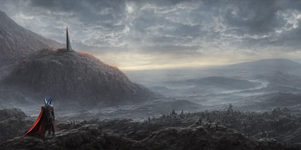 Image similar to Sauron standing on the edge of a cliff overlooking his troops in the distance ready for war at Mordor in the evening, detailed matte painting, cinematic, Alan Lee, Artstation