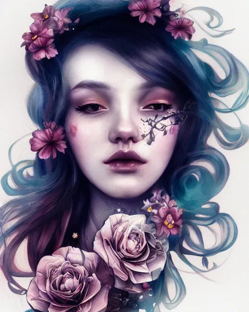 Prompt: auburn beauty portrait, ink smoke flower tattoo neck, celestial beauty water smoke floral portrait by wlop and artgerm, artstation, radiant light