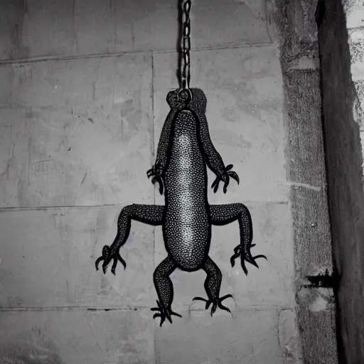 Prompt: a photograph of a gigantic lizard monster chained up in the concrete basement cellar