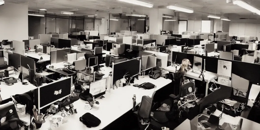 Prompt: photo of an office filled with cats who are working at their desks, clicking buttons with their paws, and drinking coffee holding the cups in their paws, in the style of david fincher