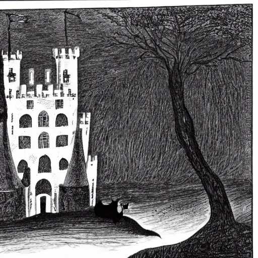 Image similar to a dark vallcy with a huge gloomy castle, fog. a little boy and a black cat