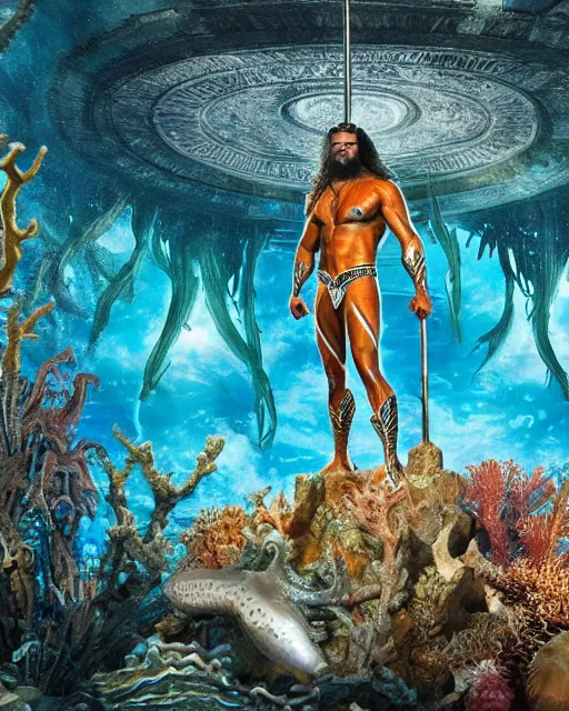 Prompt: jason momoa as aquaman standing in front of close view of a beautiful grand ornate temple of atlantis surrounded by coral gardens by ernst haeckel kelp forests, jellyfish with long tendrils , matte painting by android jones, 8k 3d resolution, highly detailed, cinematic view