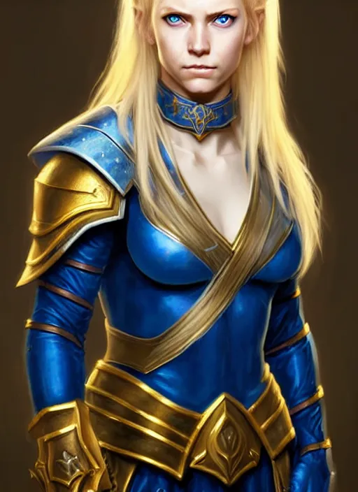 Prompt: a _ fantasy _ style _ portrait _ painting _ of timid white female paladin with blonde hair and blue eyes,, scar under left eye, holy oil _ painting _ unreal _ 5 _ daz. _ rpg _ portrait _ extremely _ detailed _ artgerm _ greg _ rutkowski _ greg