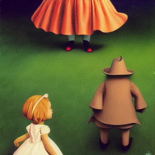 Prompt: Alice in Wonderland and Wizard of Oz by Raphael, Hopper, and Rene Magritte. detailed, romantic, enchanting, trending on artstation.