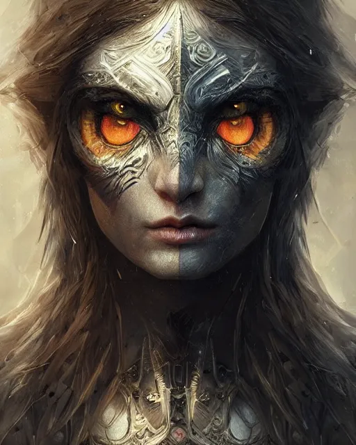 Image similar to half human half owl woman warrior, hyper realistic face, beautiful eyes, fantasy art, in the style of greg rutkowski, intricate, hyper detailed, smooth