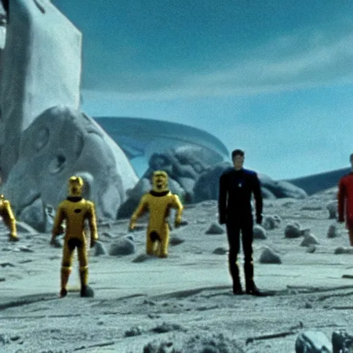 Image similar to a still from star trek showing a group of characters in red, blue, gold star trek uniforms in the far distance on an alien planet.