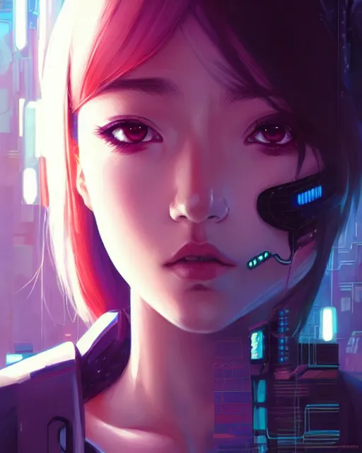 Image similar to a comic potrait of a cyberpunk cyborg girl with big and cute eyes, fine - face, realistic shaded perfect face, fine details. night setting. very anime style. realistic shaded lighting poster by ilya kuvshinov katsuhiro, magali villeneuve, artgerm, jeremy lipkin and michael garmash, rob rey and kentaro miura style, trending on art station