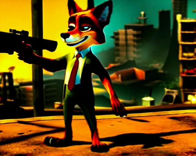 Image similar to nick wilde as max payne in max payne 3 set in gritty neo - noir zootopia, favela level