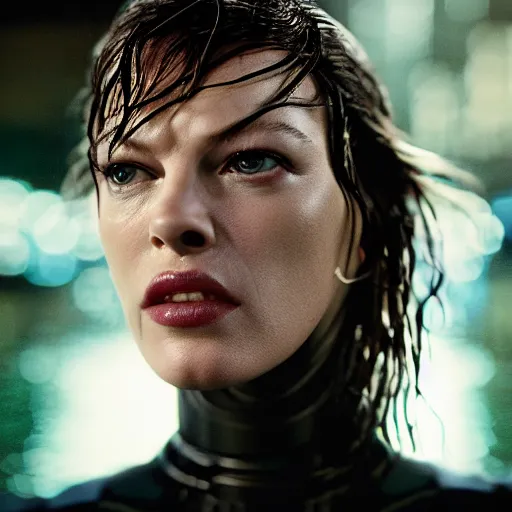 Prompt: cinestill 5 0 d candid photographic portrait by stanley kubrick of milla jovovich wearing rugged black mesh techwear in treacherous waters, flooded city, medium closeup, retrofuturism cyberpunk moody emotional cinematic, pouring iridescent rain, 8 k, hd, high resolution, 3 5 mm, f / 3 2, ultra realistic face, ex machina