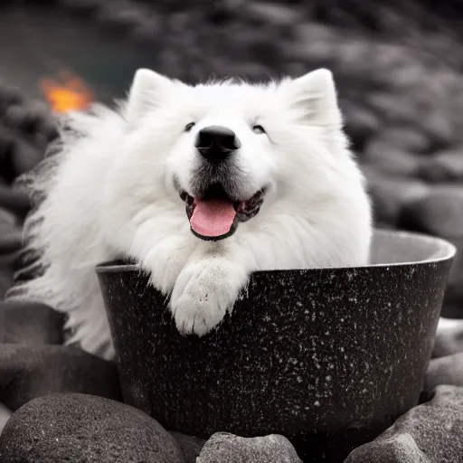 Image similar to beautiful photograph of samoyed dog taking a bath in a pool full of lava, professional photography, sigma 5 6 mm f 8