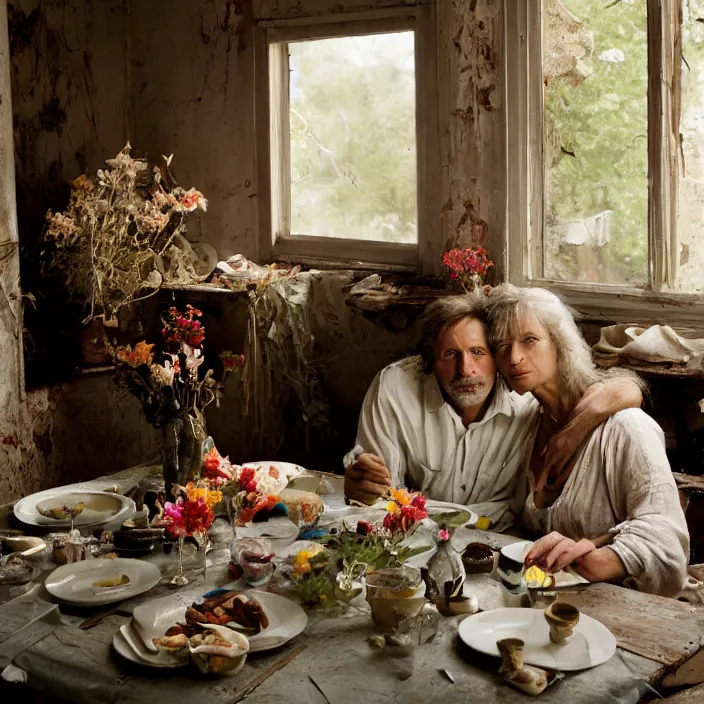 Prompt: closeup portrait of a couple eating flowers at a dining table, in a desolate abandoned house, by Annie Leibovitz and Steve McCurry, natural light, detailed face, CANON Eos C300, ƒ1.8, 35mm, 8K, medium-format print