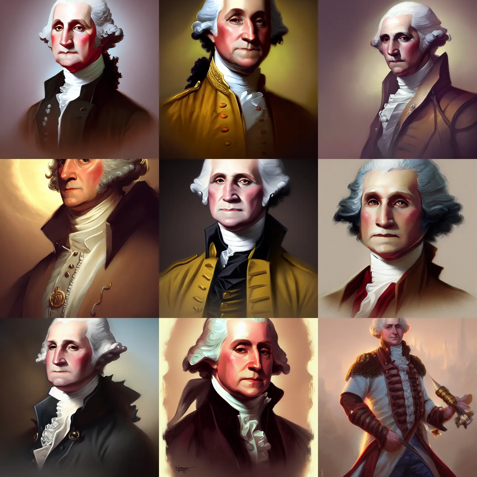 Prompt: george washington d & d, fantasy, portrait, highly detailed, digital painting, trending on artstation, concept art, sharp focus, illustration, art by artgerm and greg rutkowski and magali villeneuve