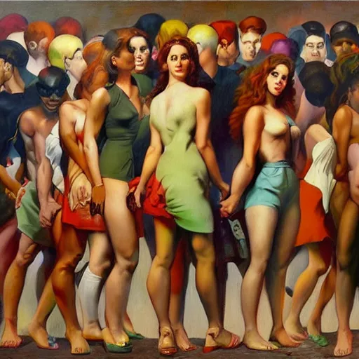 Image similar to riotous by alex alemany, by frank frazetta. a beautiful print of a group of people standing in a line. they are all facing the same direction & appear to be waiting for something.