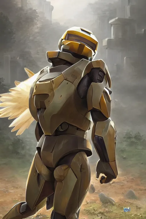 Image similar to pidgey pokemon playing as master chief, oil on canvas, intricate, 8 k highly professionally detailed, hdr, cgsociety