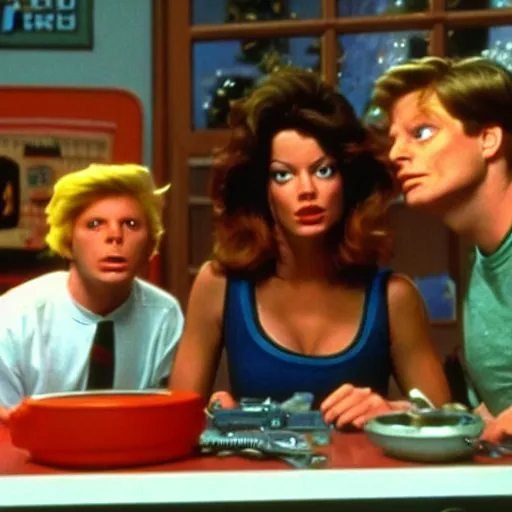 Prompt: still of Fry, Bender and Leela from (Futurama (1980) in Back to the Future (1985)