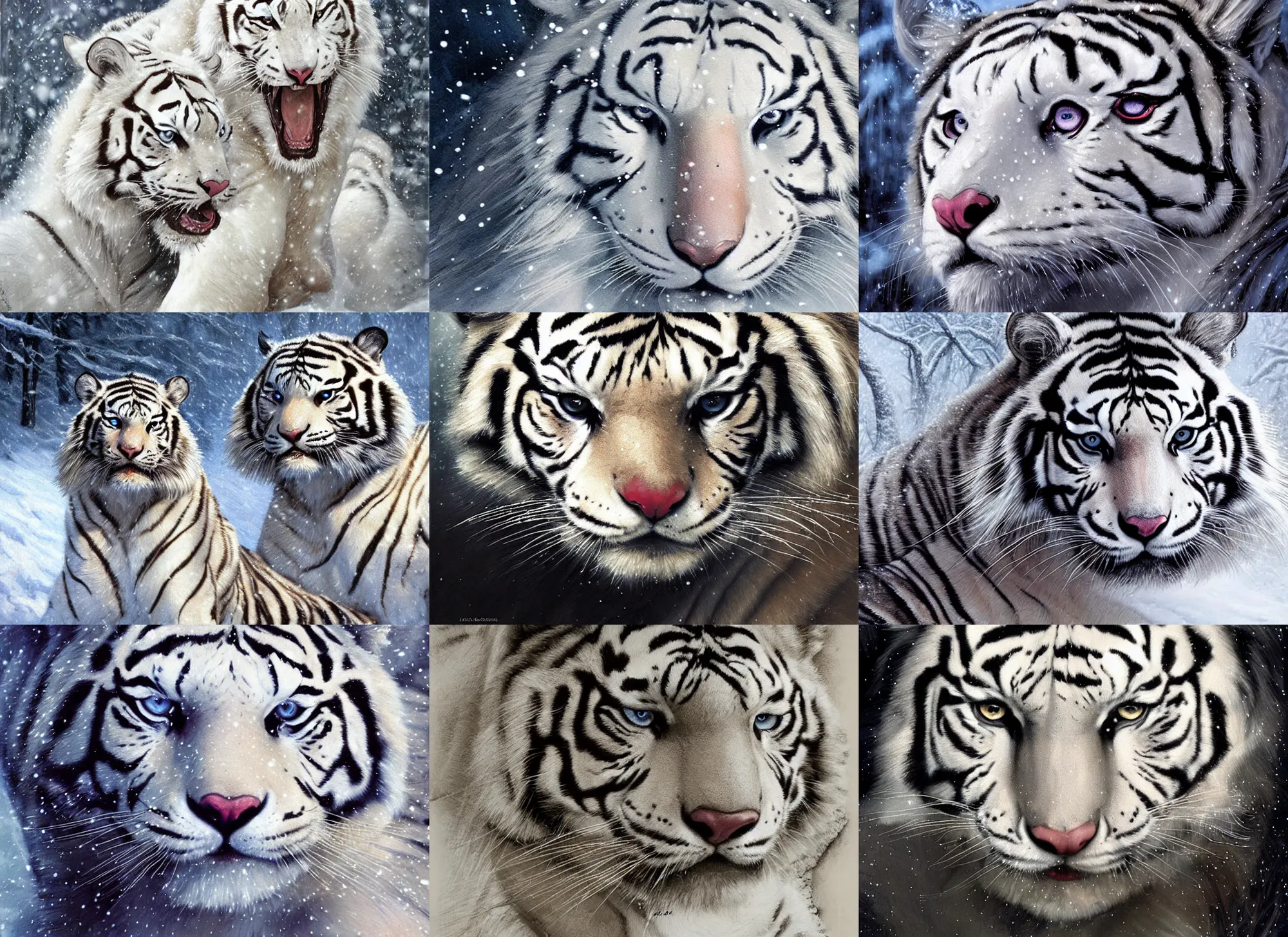 Image similar to close-up face portrait of muscled Denise Richards mounted on a fierce large white tiger, wintery scene, snow storm, Donato Giancola, Mark Brooks, Ralph Horsley, Charlie Bowater, Artgerm, Christopher Balaskas, Bastien Lecouffe-Deharme