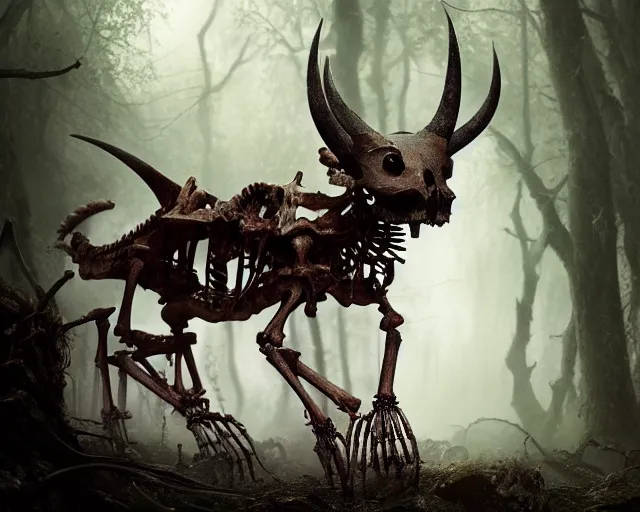 Prompt: 5 5 mm portrait photo of an armored demonic rat skeleton with horns and red eyes, in a magical forest. magical atmosphere. art by greg rutkowski. highly detailed 8 k. intricate. lifelike. soft light. nikon d 8 5 0.