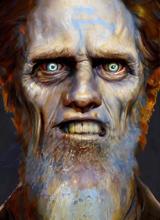 Image similar to closeup portrait biblical daemonic willem dafoe as a pixar! character, by mikhail vrubel, by peter elson, muted colors, extreme detail, trending on artstation, 8 k