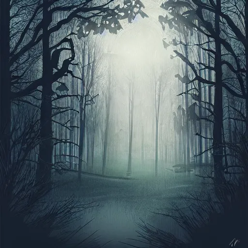Image similar to dark forest mixed with a beach resort, dark fantasy, night, by anne stoke, digital art