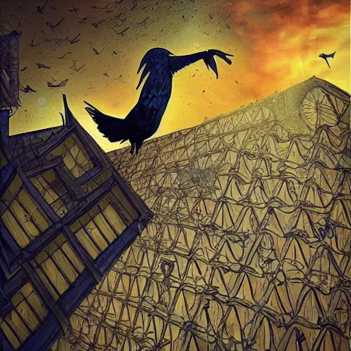 Image similar to a clown on the roof of the church playing with crows, by android jones and m. c. escher collaboration, futurist, digital art, dramatic lighting, symbolic