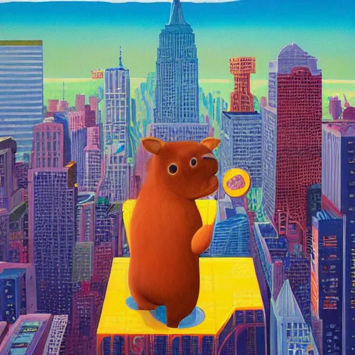 Prompt: a detailed painting of an adorable capybara superhero flying above new york by casey weldon, new contemporary art, colorful