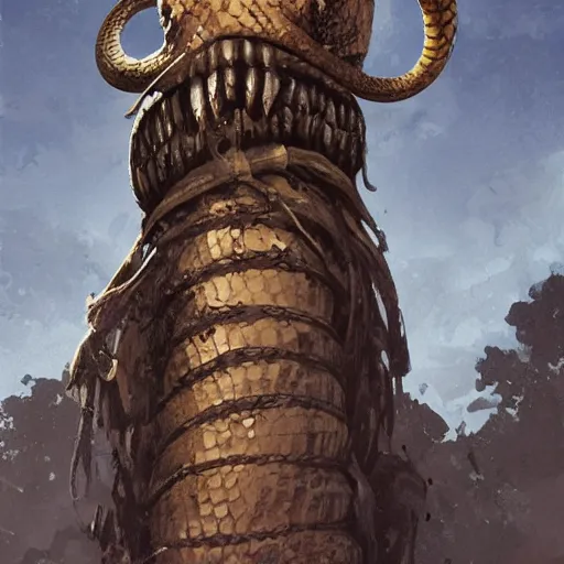 Image similar to a mumie with a snake head, bound to a totem, by greg rutkowski, in the style of magic the gathering