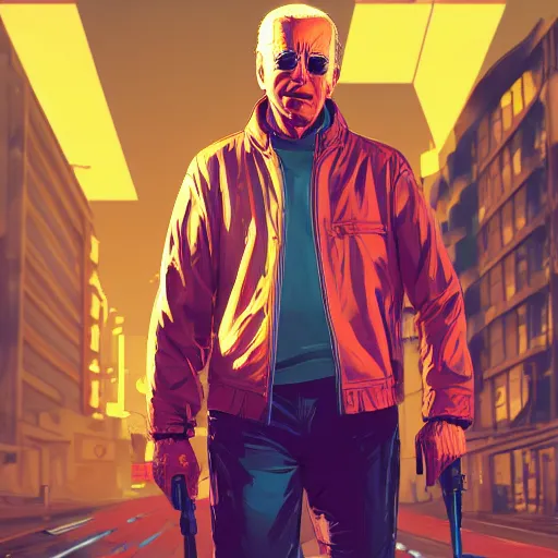 Prompt: joe biden, cyberpunk, vibrant, gta artstyle, wide shot, hyperrealistic, artstation, hd, cinematic, 8 k