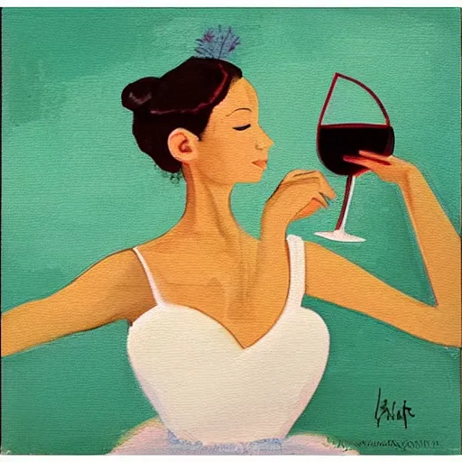 Image similar to square painting of a ballerina drinking wine in a teal room all on a red background