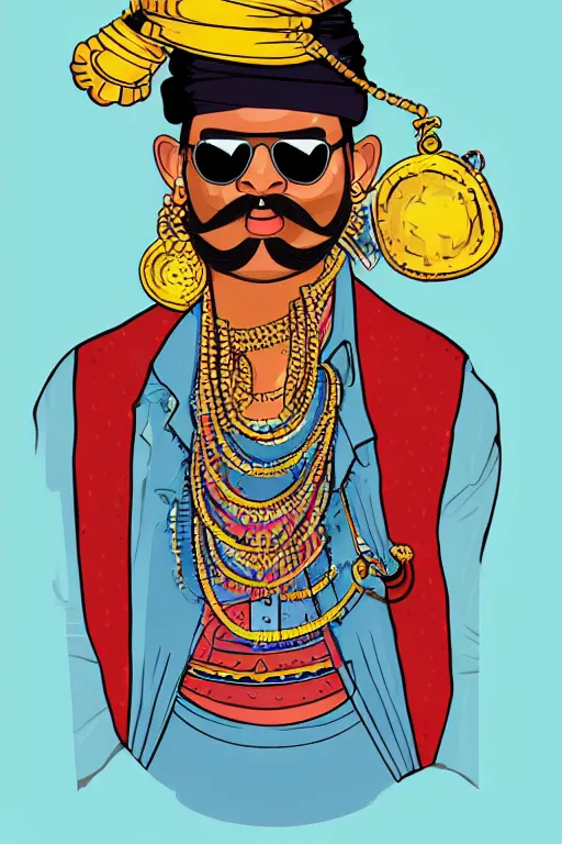Prompt: portrait of a rajasthani man with long moustache and beard and pagdi wearing cool sunglasses and goldchains, art by butcher billy, sticker, colorful, illustration, highly detailed, simple, smooth and clean vector curves, no jagged lines, vector art, smooth