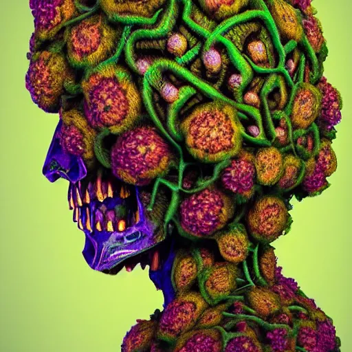 Image similar to a golden skull face african marijuanna shaman with an afro made of flowers, third eye art art by machina infinitum, complexity from simplicity, rendered in octane, mandelbulb 3 d, ambient occlusion, macro photography, felt!!! texture, tribal, neon! retrowave