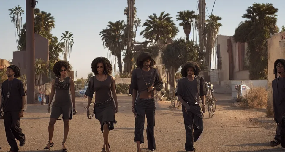 Prompt: first image afrofuturistic heist movie starring halle berry, snoop dogg and james brown, sundance official selection. shot at the watts towers with alexa mini, stunning cinematography, golden hour, filmgrain.