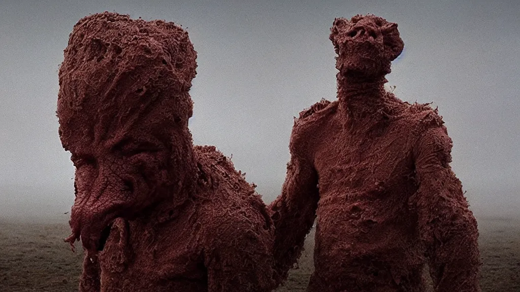 Prompt: the strange creature, made of milk and wax, they fight me, film still from the movie directed by denis villeneuve and david cronenberg with art direction by salvador dali and zdzisław beksinski, wide lens