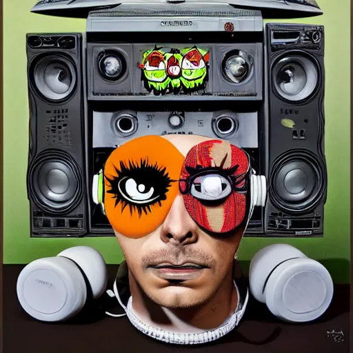 Prompt: a portrait of an anthropomorphic tennis ball monster by sandra chevrier, detailed render, tape deck, boombox, headphones, epic composition, cybernetics, 4 k realistic, cryengine, realistic shaded lighting, sharp focus, masterpiece, by matteo scalera, gary montalbano, peter elson in the style of the tokyo ghost comic