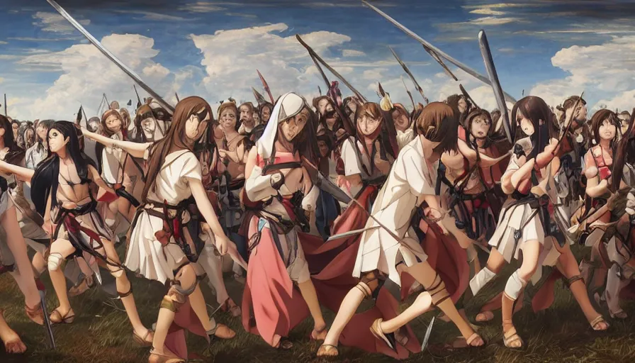 Prompt: jesus christ our lord leading an army of anime girls into battle, photorealistic, anime, mini skirt, long hair, renaissance painting, hyper real, detailed, wide angle shot, ultra detailed