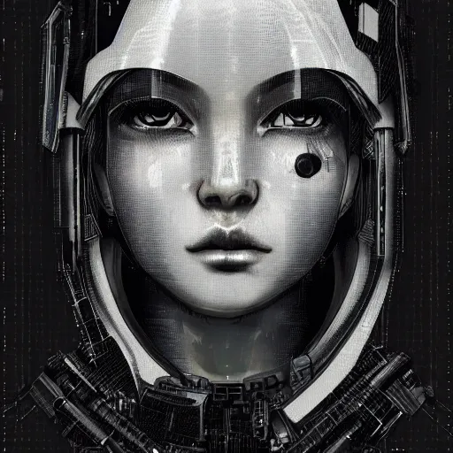 Image similar to highly detailed portrait of a post-cyberpunk robotic young lady with space helmet and wired cybernetic face modifications, robotic limbs, by Akihiko Yoshida, Greg Tocchini, Greg Rutkowski, Cliff Chiang, 4k resolution, persona 5 inspired, dull misty brown black and white color scheme with sparking stray wiring