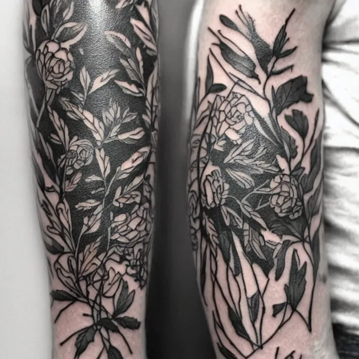 sleeve tattoo with a ranunculus surrounded by fern