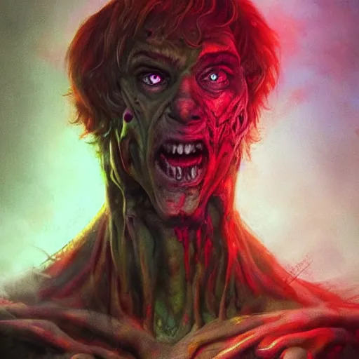 Image similar to realistic portrait beautiful concept art of scooby doo scene when vomit and turns into mutant. horror, created by gustave dore and greg rutkowski, high detailed, smooth draw, synthwave neon retro, trending on artstation.