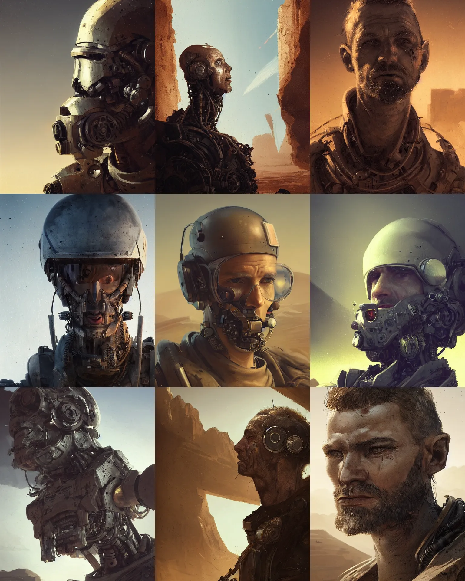 Prompt: a rugged engineer man with cybernetic enhancements lost in the desert, scifi character portrait by greg rutkowski, esuthio, craig mullins, 1 / 4 headshot, cinematic lighting, dystopian scifi gear, gloomy, profile picture, mechanical, half robot, implants, steampunk