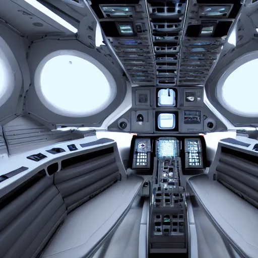 Image similar to flight deck inside a sci-fi spaceship escape pod that is haunted. clean white interior, large window to view outer space, raytraced, highly detailed, z-brush, corona render, 4k