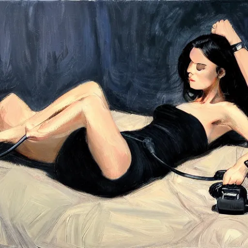 Prompt: Ground Level Shot, long shot of a beautiful dark haired woman wearing a black dress, laying on her back on a bed, holding old telephone hand peice with twisted cable by fabian perez