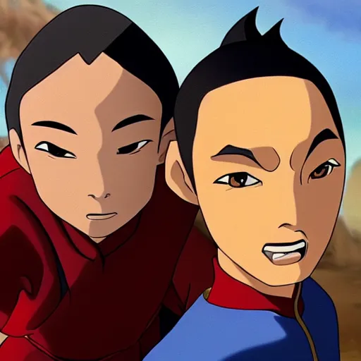 Image similar to a selfie of Aang and Ozai from avatar the last airbender